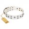 "Rock the Sky" Durable FDT Artisan White Leather Dog Collar with Chrome-plated Decorations