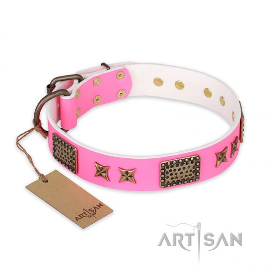 "Tender Pink" FDT Artisan Leather Dog Collar with Old Bronze Look Stars and Plates