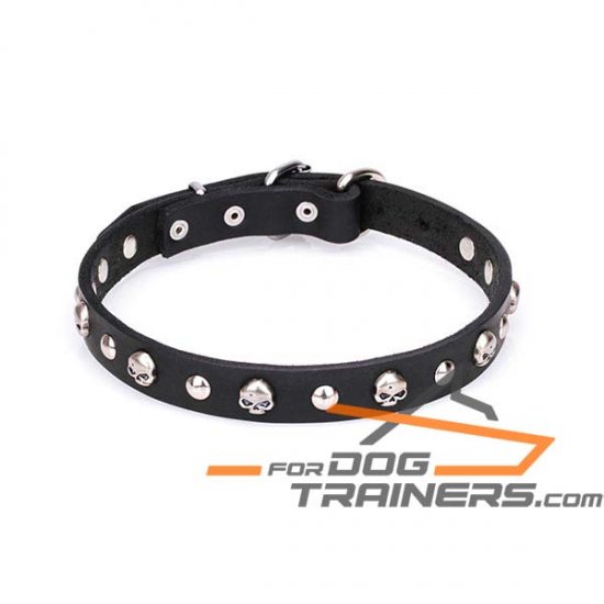 'Gothic Inspiration' Leather Dog Collar with Skulls and Half-sphere Studs