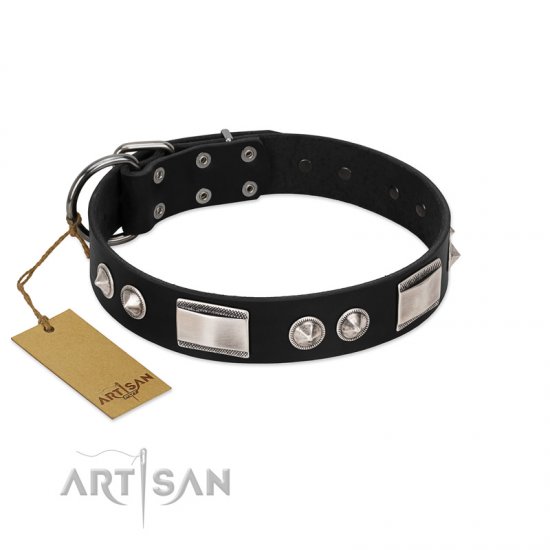 "Black Boss" FDT Artisan Stylish Black Leather Dog Collar with Nickel Decorations