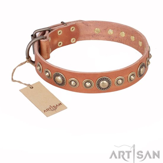 "Feast of Luxury" FDT Artisan Tan Leather Dog Collar with Old Bronze Look Circles
