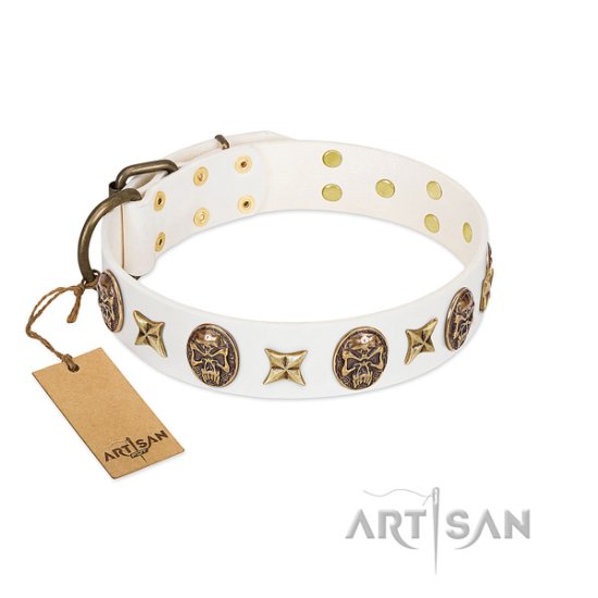 "Fads and Fancies" FDT Artisan White Leather Dog Collar with Stars and Skulls