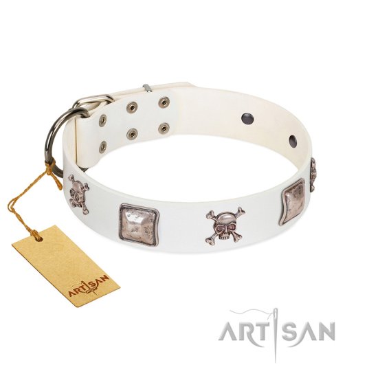 "Pirate Sloop" Handmade FDT Artisan Designer White Leather Dog Collar with Crossbones