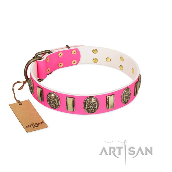 "Perilous Beauty" Pink FDT Artisan Leather Dog Collar with Small Plates and Skulls