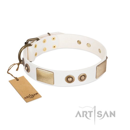 "Noble Impulse" FDT Artisan White Leather Dog Collar Adorned with Antique Plates and Studs