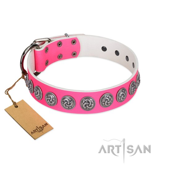 "Pink Garden" Designer FDT Artisan Pink Leather Dog Collar for Stylish Look