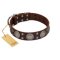 "Sun in Barchans" Modern FDT Artisan Brown Leather Dog Collar with Engraved Stars on Round Plates and Studs