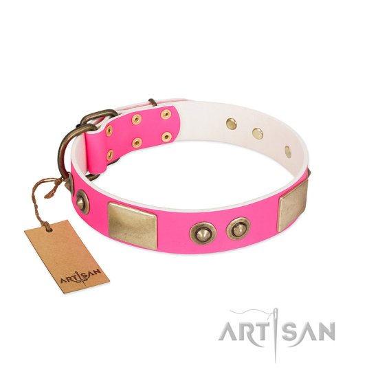 "Pink Splash" FDT Artisan Soft Leather Dog Collar with Bronze-like Plates and Medallions
