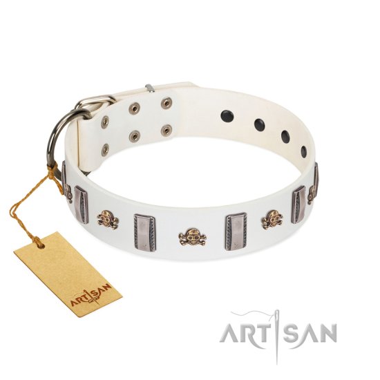 'Mysterious Voyage' FDT Artisan White Leather Dog Collar with Engraved Plates and Skulls