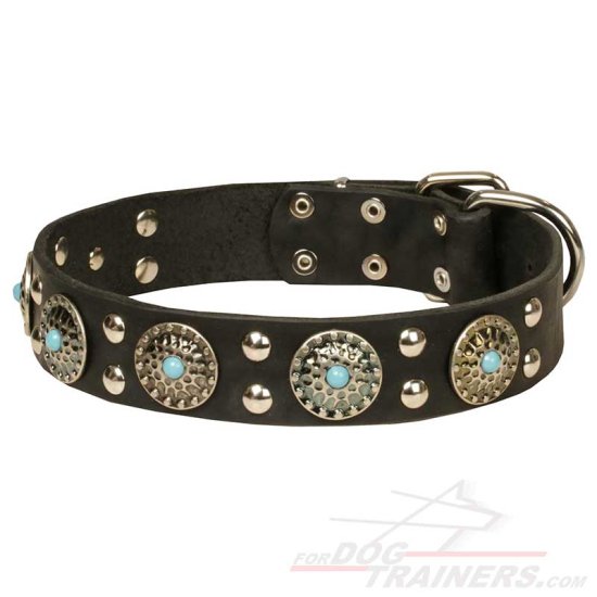 'Ace Style' Leather Dog Collar with Silver-like Decorations