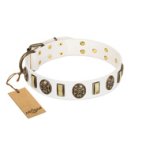 "Mystery of Times" FDT Artisan White Leather Dog Collar with Plates and Medallions with Skulls