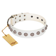 "Grandeur Dog" FDT Artisan White Leather Dog Collar with Engraved Studs
