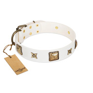 "Dog in White" FDT Artisan White Leather Dog Collar Adorned with Stars and Squares