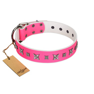 "Pink Dream" Stylish FDT Artisan Pink Leather Dog Collar with Silver-Like Decorations