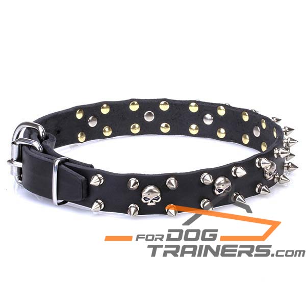 Extra Strong Leather Dog Collar with Chrome Plated Decor