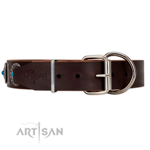 Brown leather dog collar with rust-resistant buckle and D-ring